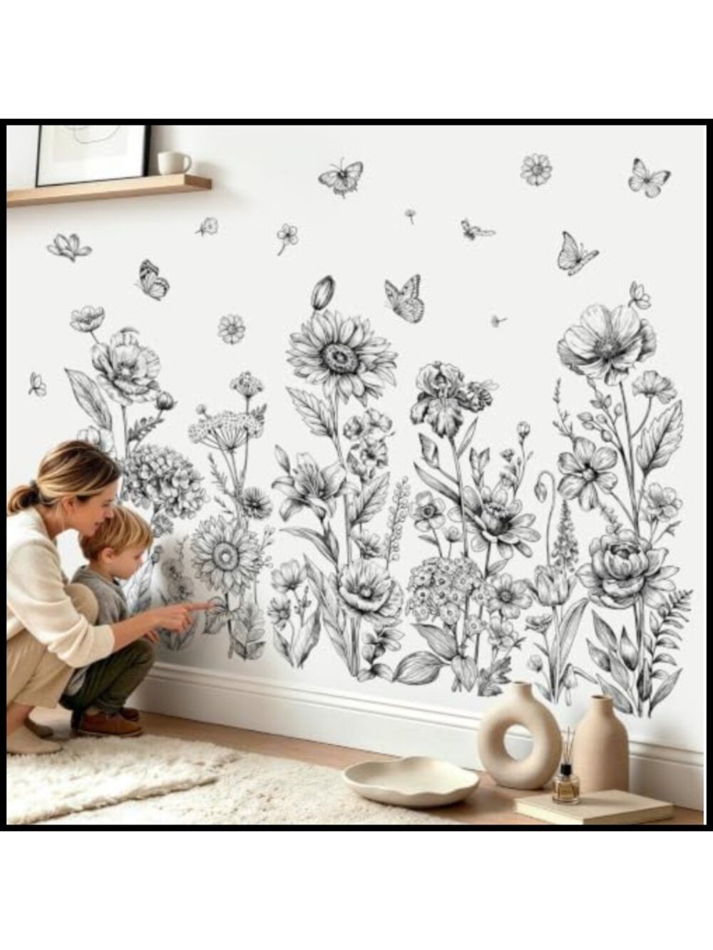 Flower Sketch Butterfly Wall Decals Peel and Stick Removable PVC Stickers
